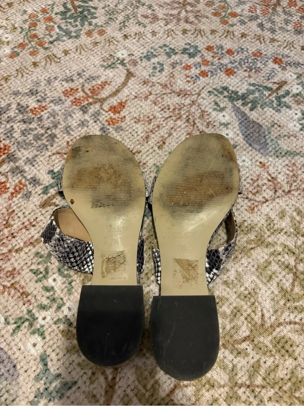 J. Crew double strap snakeskin sandal with gold glitter heel. Size 7.5.